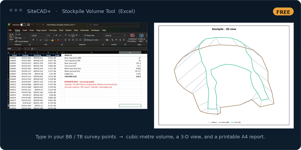 SiteCAD+ Stockpile Volume Tool for Excel — survey points, volume results and a 3D view of the pile